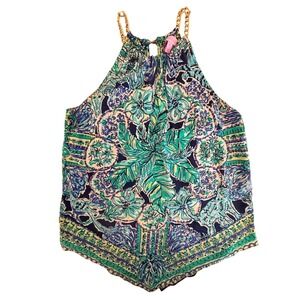 Lilly Pulitzer Silk Cabana Escape Artist Halter Top Blue Floral Gold Chain M